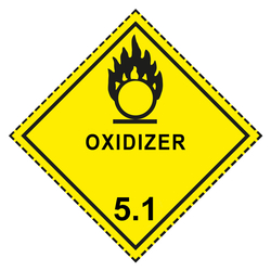 Gefahrzettel, Gefahrgutaufkleber Klasse 5.1 Entzündend (oxidierend) wirkende Stoffe, Flamme über einem Kreis Schwarz mit Zusatztext OXIDIZER, mit gestrichelter Kontrastlinie in verschiedenen Größen und Materialien