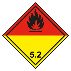 Gefahrzettel, Gefahrgutaufkleber Klasse 5.2 Organische Peroxide, Flamme Schwarz, mit durchgehender Kontrastlinie in verschiedenen Größen und Materialien