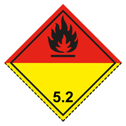 Gefahrzettel, Gefahrgutaufkleber Klasse 5.2 Organische Peroxide, Flamme Schwarz, mit gestrichelter Kontrastlinie unten in verschiedenen Größen und Materialien