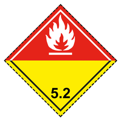 Gefahrzettel, Gefahrgutaufkleber Klasse 5.2 Organische Peroxide, Flamme Weiß, mit gestrichelter Kontrastlinie in verschiedenen Größen und Materialien