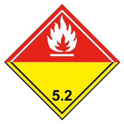 Gefahrzettel, Gefahrgutaufkleber Klasse 5.2 Organische Peroxide, Flamme Weiß, mit durchgehender Kontrastlinie unten in verschiedenen Größen und Materialien