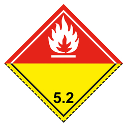 Gefahrzettel, Gefahrgutaufkleber Klasse 5.2 Organische Peroxide, Flamme Weiß, mit gestrichelter Kontrastlinie unten in verschiedenen Größen und Materialien