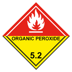 Gefahrzettel, Gefahrgutaufkleber Klasse 5.2 Organische Peroxide, Flamme Weiß mit Zusatztext ORGANIC PEROXIDE, mit durchgehender Kontrastlinie unten in verschiedenen Größen und Materialien