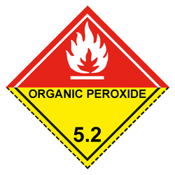 Gefahrzettel, Gefahrgutaufkleber Klasse 5.2 Organische Peroxide, Flamme Weiß mit Zusatztext ORGANIC PEROXIDE, mit gestrichelter Kontrastlinie unten in verschiedenen Größen und Materialien