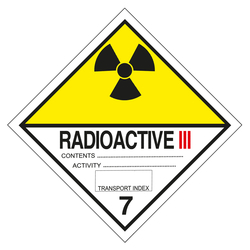 Gefahrzettel, Gefahrgutaufkleber Klasse 7C Radioaktive Stoffe, Strahlensymbol Schwarz mit Zusatztext RADIOACTIVE III, Folie, 100 x 100 mm, Einzeletikett