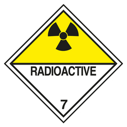 Gefahrzettel, Gefahrgutaufkleber Klasse 7D Radioaktive Stoffe, Strahlensymbol Schwarz mit Zusatztext RADIOACTIVE, mit durchgehender Kontrastlinie in verschiedenen Größen und Materialien