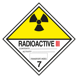 Gefahrzettel, Gefahrgutaufkleber Klasse 7C Radioaktive Stoffe, Strahlensymbol Schwarz mit Zusatztext RADIOACTIVE III, mit durchgehender Kontrastlinie in verschiedenen Größen und Materialien