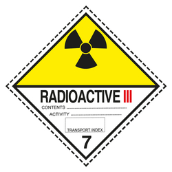 Gefahrzettel, Gefahrgutaufkleber Klasse 7C Radioaktive Stoffe, Strahlensymbol Schwarz mit Zusatztext RADIOACTIVE III, mit gestrichelter Kontrastlinie in verschiedenen Größen und Materialien