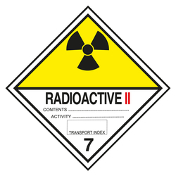 Gefahrzettel, Gefahrgutaufkleber Klasse 7B Radioaktive Stoffe, Strahlensymbol Schwarz mit Zusatztext RADIOACTIVE II, mit durchgehender Kontrastlinie in verschiedenen Größen und Materialien