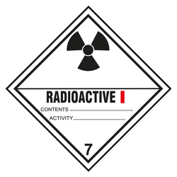 Gefahrzettel, Gefahrgutaufkleber Klasse 7A Radioaktive Stoffe, Strahlensymbol Schwarz mit Zusatztext RADIOACTIVE I, mit durchgehender Kontrastlinie in verschiedenen Größen und Materialien