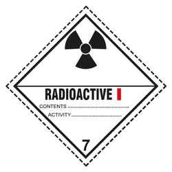 Gefahrzettel, Gefahrgutaufkleber Klasse 7A Radioaktive Stoffe, Strahlensymbol Schwarz mit Zusatztext RADIOACTIVE I, mit gestrichelter Kontrastlinie in verschiedenen Größen und Materialien