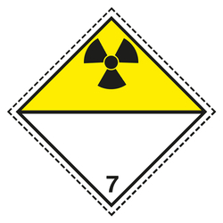 Gefahrzettel, Gefahrgutaufkleber Klasse 7D Radioaktive Stoffe zur Selbstbeschriftung, Strahlensymbol Schwarz, mit gestrichelter Kontrastlinie in verschiedenen Größen und Materialien