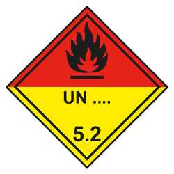 Gefahrzettel, Gefahrgutaufkleber Klasse 5.2 Organische Peroxide mit Eindruck UN-Nummer, Flamme Schwarz, mit durchgehender Kontrastlinie in verschiedenen Größen und Materialien