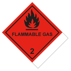 Gefahrzettel, Gefahrgutaufkleber Klasse 2.1 Entzündbare Gase mit Zusatztext FLAMMABLE GAS zur Selbstbeschriftung, Flamme Schwarz, Folie, 100 x 120 mm, 500 Stück/Rolle