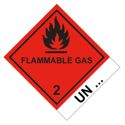 Gefahrzettel, Gefahrgutaufkleber Klasse 2.1 Entzündbare Gase mit Zusatztext FLAMMABLE GAS, mit Eindruck UN-Nummer, Flamme Schwarz, Folie, 100 x 120 mm, 500 Stück/Rolle