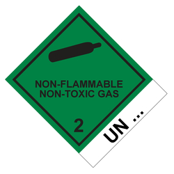 Gefahrzettel, Gefahrgutaufkleber Klasse 2.2 Nicht entzündbare, nicht giftige Gase mit Zusatztext NON-FLAMMABLE NON-TOXIC GAS, mit Eindruck UN-Nummer, Gasflasche Schwarz, Folie, 100 x 120 mm, 500 Stück/Rolle