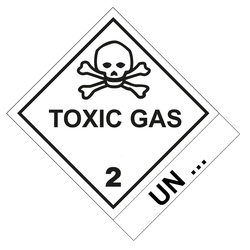 Gefahrzettel, Gefahrgutaufkleber Klasse 2.3 Giftige Gase mit Zusatztext TOXIC GAS, mit Eindruck UN-Nummer, Totenkopf Schwarz, Folie, 100 x 120 mm, 500 Stück/Rolle