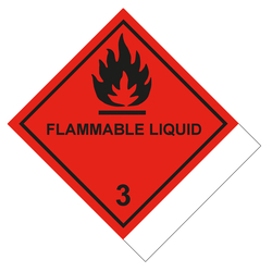 Gefahrzettel, Gefahrgutaufkleber Klasse 3 Entzündbare, flüssige Stoffe mit Zusatztext FLAMMABLE LIQUID zur Selbstbeschriftung, Flamme Schwarz, Folie, 100 x 120 mm, 500 Stück/Rolle