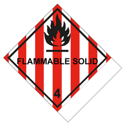 Gefahrzettel, Gefahrgutaufkleber Klasse 4.1 Entzündbare feste Stoffe mit Zusatztext FLAMMABLE SOLID zur Selbstbeschriftung, Flamme Schwarz, Folie, 100 x 120 mm, 500 Stück/Rolle