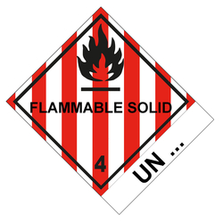 Gefahrzettel, Gefahrgutaufkleber Klasse 4.1 Entzündbare feste Stoffe mit Zusatztext FLAMMABLE SOLID, mit Eindruck UN-Nummer, Flamme Schwarz, Folie, 100 x 120 mm, 500 Stück/Rolle