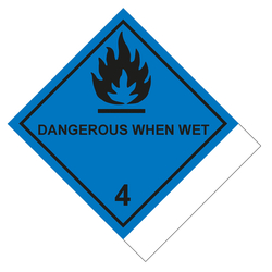 Gefahrzettel, Gefahrgutaufkleber Klasse 4.3 Stoffe, die mit Wasser entzündliche Gase bilden mit Zusatztext DANGEROUS WHEN WET zur Selbstbeschriftung, Flamme Schwarz, Folie, 100 x 120 mm, 500 Stück/Rolle