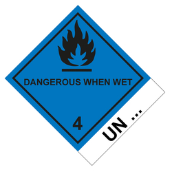 Gefahrzettel, Gefahrgutaufkleber Klasse 4.3 Stoffe, die mit Wasser entzündliche Gase bilden mit Zusatztext DANGEROUS WHEN WET, mit Eindruck UN-Nummer, Flamme Schwarz, Folie, 100 x 120 mm, 500 Stück/Rolle