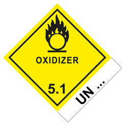 Gefahrzettel, Gefahrgutaufkleber Klasse 5.1 Entzündend (oxidierend) wirkende Stoffe mit Zusatztext OXIDIZER, mit Eindruck UN-Nummer, Flamme über einem Kreis Schwarz, Folie, 100 x 120 mm, 500 Stück/Rolle