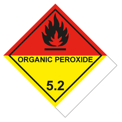 Gefahrzettel, Gefahrgutaufkleber Klasse 5.2 Organische Peroxide mit Zusatztext ORGANIC PEROXIDE zur Selbstbeschriftung, Flamme Schwarz, Folie, 100 x 120 mm, 500 Stück/Rolle