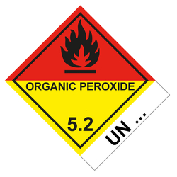 Gefahrzettel, Gefahrgutaufkleber Klasse 5.2 Organische Peroxide mit Zusatztext ORGANIC PEROXIDE, mit Eindruck UN-Nummer, Flamme Schwarz, Folie, 100 x 120 mm, 500 Stück/Rolle