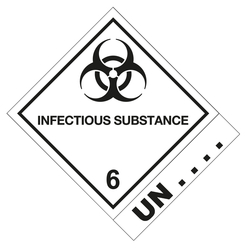 Gefahrzettel, Gefahrgutaufkleber Klasse 6.2 Ansteckungsgefährliche Stoffe mit Zusatztext INFECTIOUS SUBSTANCE, mit Eindruck UN-Nummer, Folie, 100 x 120 mm, 500 Stück/Rolle