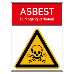 Warnschild ASBEST Durchgang verboten!, Symbol Totenkopf, in verschiedenen Größen und Materialien