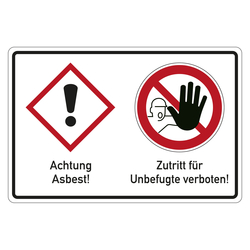 Hinweisschild Asbest, Symbol GHS07 Ausrufezeichen, Zutritt verboten, in verschiedenen Größen und Materialien