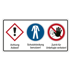 Hinweisschild Asbest, Symbol GHS07 Ausrufezeichen, Schutzkleidung benutzen, Zutritt verboten, in verschiedenen Größen und Materialien