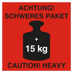 Paketaufkleber Achtung Schweres Paket +15 kg, Rot, 100 x 100 mm