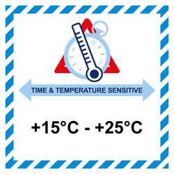 Gefahrzettel, Time And Temperature Sensitive, +15°C - +25°C, Folie, 100 x 100 mm, 500 Stück/Rolle