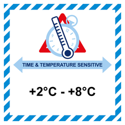 Gefahrzettel, Time And Temperature Sensitive, +2°C - +8°C, Folie, 100 x 100 mm, 500 Stück/Rolle