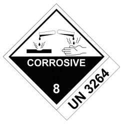 Gefahrzettel, Gefahrgutaufkleber Klasse 8 Ätzende Stoffe mit Zusatztext CORROSIVE, mit UN-Nummer UN 3264, Folie, 100 x 120 mm, 500 Stück/Rolle