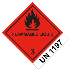 Gefahrzettel, Gefahrgutaufkleber Klasse 3 Entzündbare, flüssige Stoffe mit Zusatztext FLAMMABLE LIQUID, mit UN 1197, Flamme Schwarz, Folie, 100 x 120 mm, 500 Stück/Rolle