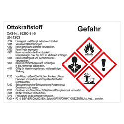 GHS Gefahrstoffetikett Ottokraftstoff UN 1203 für interne Verwendung, Folie, 105 x 74 mm, Einzeletikett