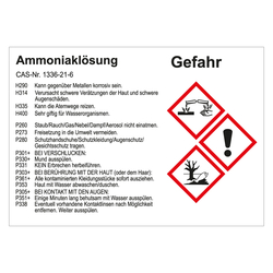 GHS Gefahrstoffetikett Ammoniaklösung, für interne Verwendung, in verschiedenen Ausführungen