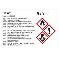 GHS Gefahrstoffetikett Toluol, für interne Verwendung, Folie, 105 x 74 mm, 100 Stück/Rolle