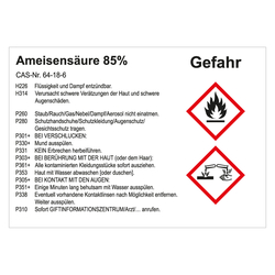 GHS Gefahrstoffetikett Ameisensäure 85%, für interne Verwendung, in verschiedenen Ausführungen