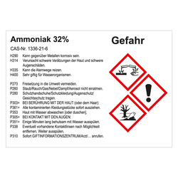 GHS Gefahrstoffetikett Ammoniak 32%, für interne Verwendung, in verschiedenen Ausführungen