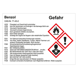 GHS Gefahrstoffetikett Benzol, für interne Verwendung, in verschiedenen Ausführungen