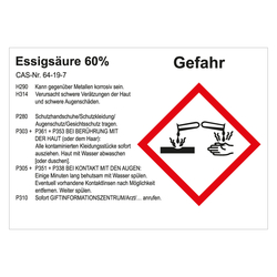 GHS Gefahrstoffetikett Essigsäure 60%, für interne Verwendung, in verschiedenen Ausführungen