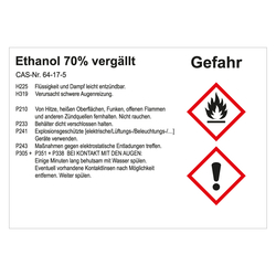 GHS Gefahrstoffetikett Ethanol 70% vergällt, für interne Verwendung, in verschiedenen Ausführungen