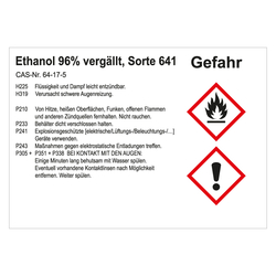 GHS Gefahrstoffetikett Ethanol 96% vergällt, Sorte 641, für interne Verwendung, in verschiedenen Ausführungen