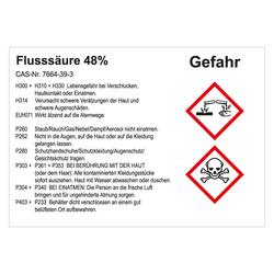 GHS Gefahrstoffetikett Flusssäure 48%, für interne Verwendung, in verschiedenen Ausführungen