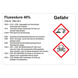 GHS Gefahrstoffetikett Flusssäure 40%, für interne Verwendung, in verschiedenen Ausführungen