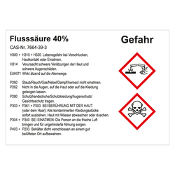 GHS Gefahrstoffetikett Flusssäure 40%, für interne Verwendung, Folie, 105 x 74 mm, 100 Stück/Rolle